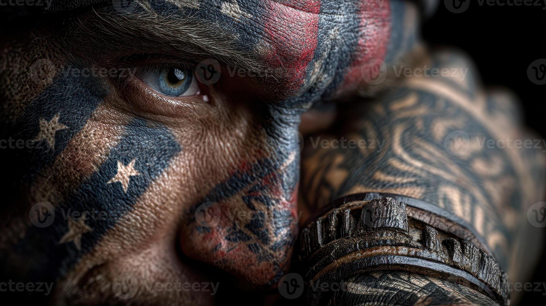 Detailed close-up of a man with intricate tattoos representing American symbols and cultural motifs, showcasing emotion and intensity photo