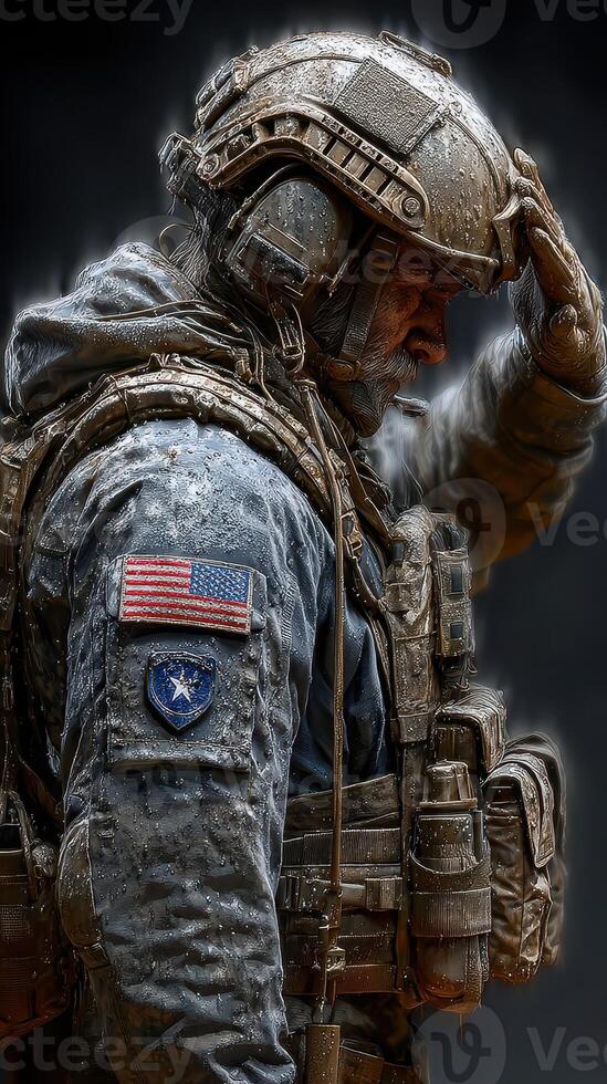 Soldier paying tribute during a rainy day, showcasing dedication and resilience in challenging conditions photo