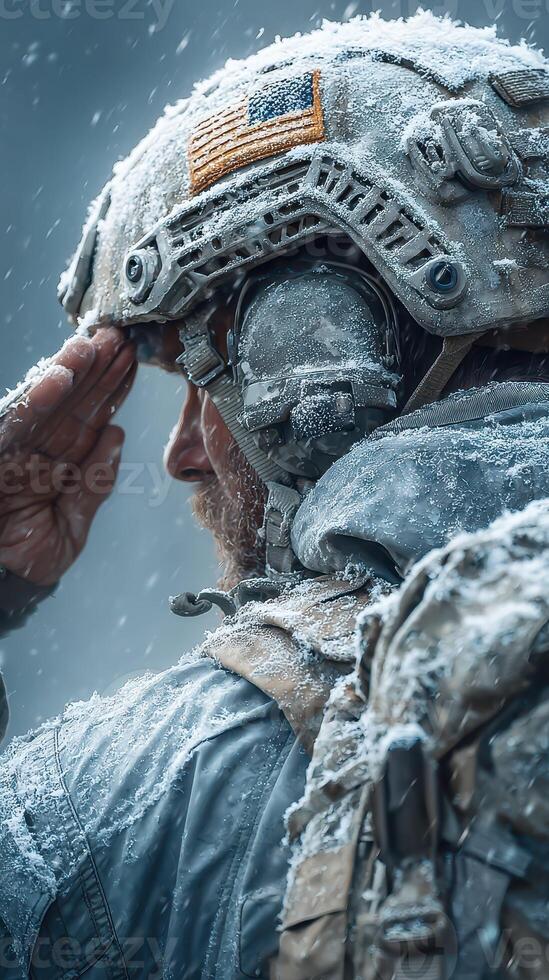 Soldier salutes in snowy environment during winter mission under challenging weather conditions photo
