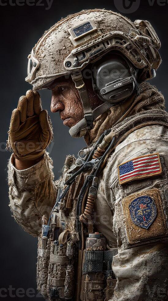 Soldier saluting in combat gear with U.S. flag displayed during a somber remembrance event photo
