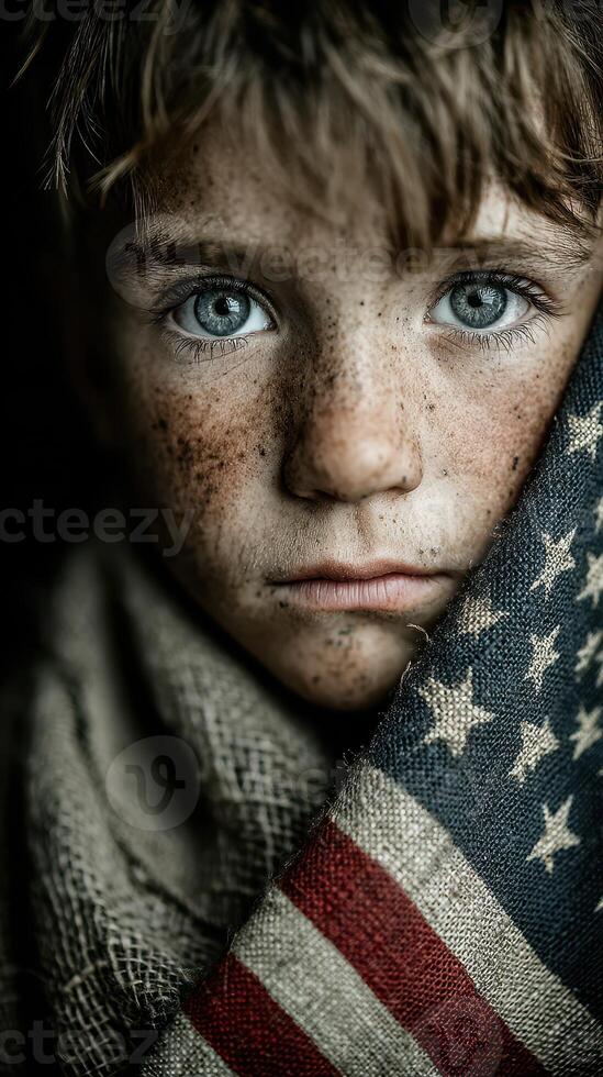 Young boy displaying deep emotion while holding American flag, showcasing innocence and resilience in a heartfelt moment photo