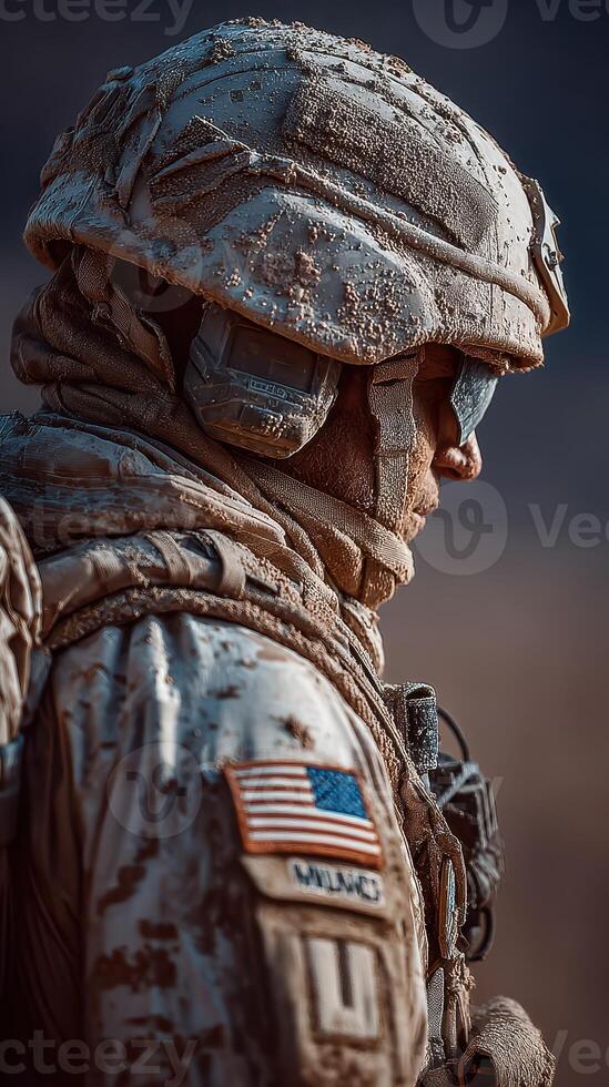 Soldier in dusty camouflage gear standing confidently during a military operation in rugged terrain with a serious expression photo