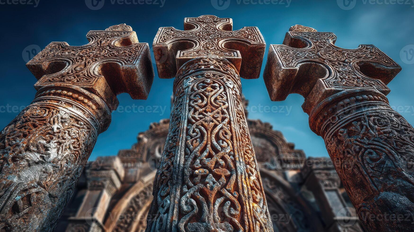 Intricate stone crosses at an ancient Armenian monastery under clear blue skies during a sunny afternoon photo