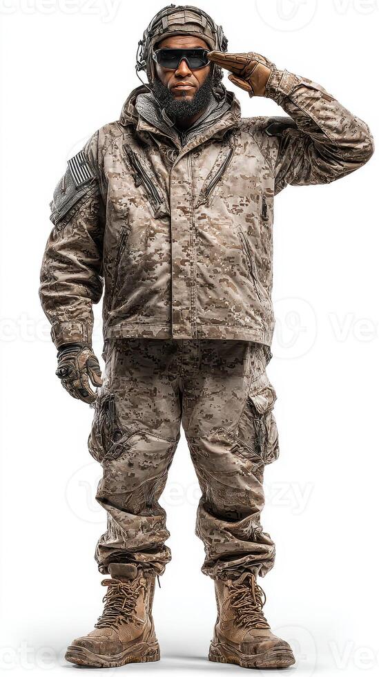 Soldier in military uniform salutes while standing on white background, showcasing attention and discipline during training session photo