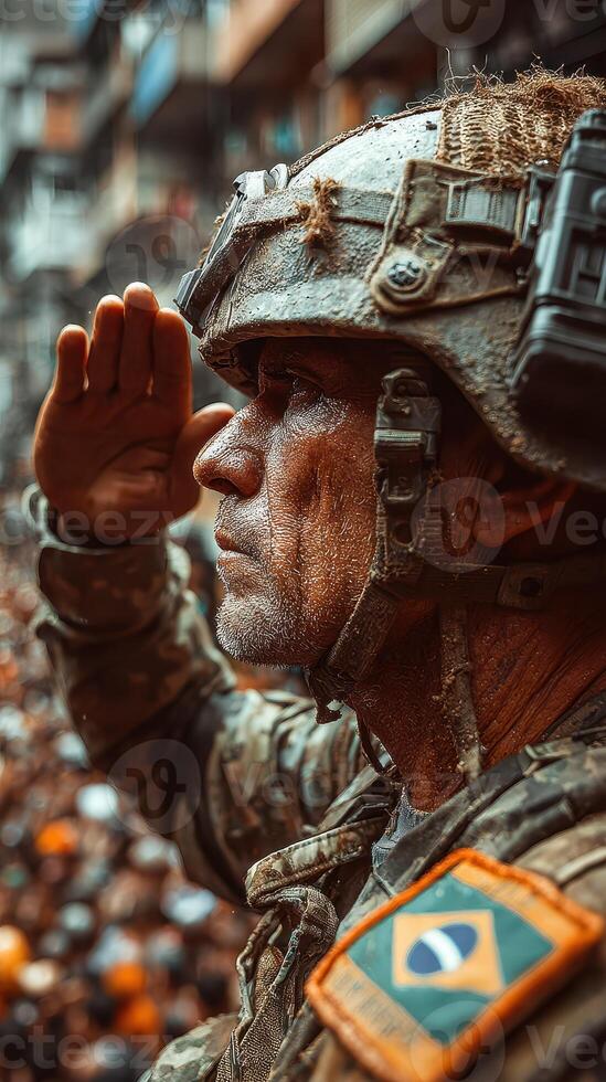 Soldier saluting during a military parade in a bustling city with a large crowd and vibrant atmosphere photo