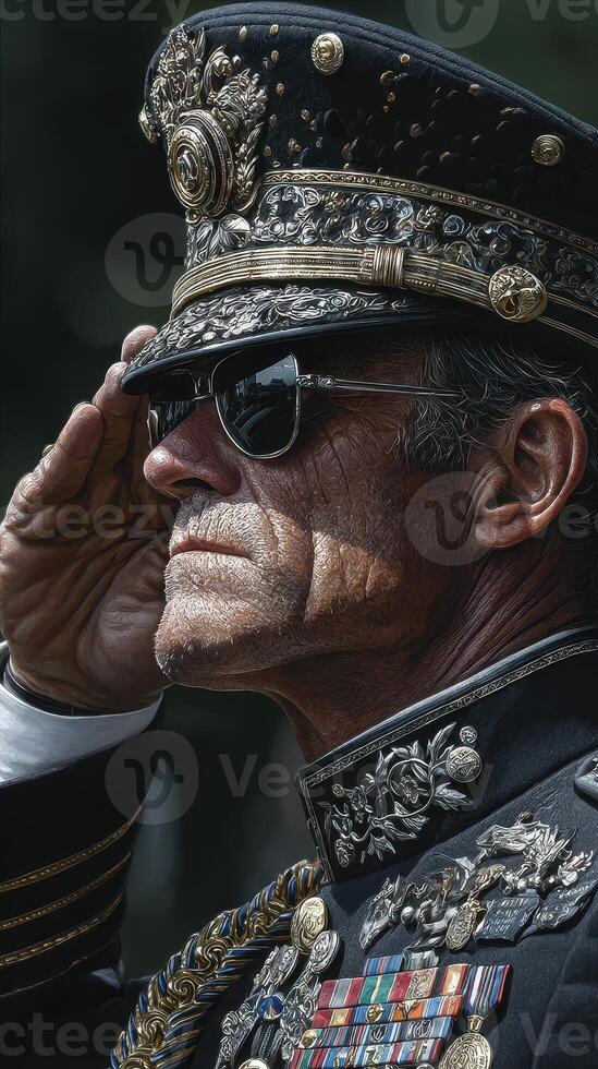 Military officer saluting during a formal ceremony under bright daylight in an urban setting photo