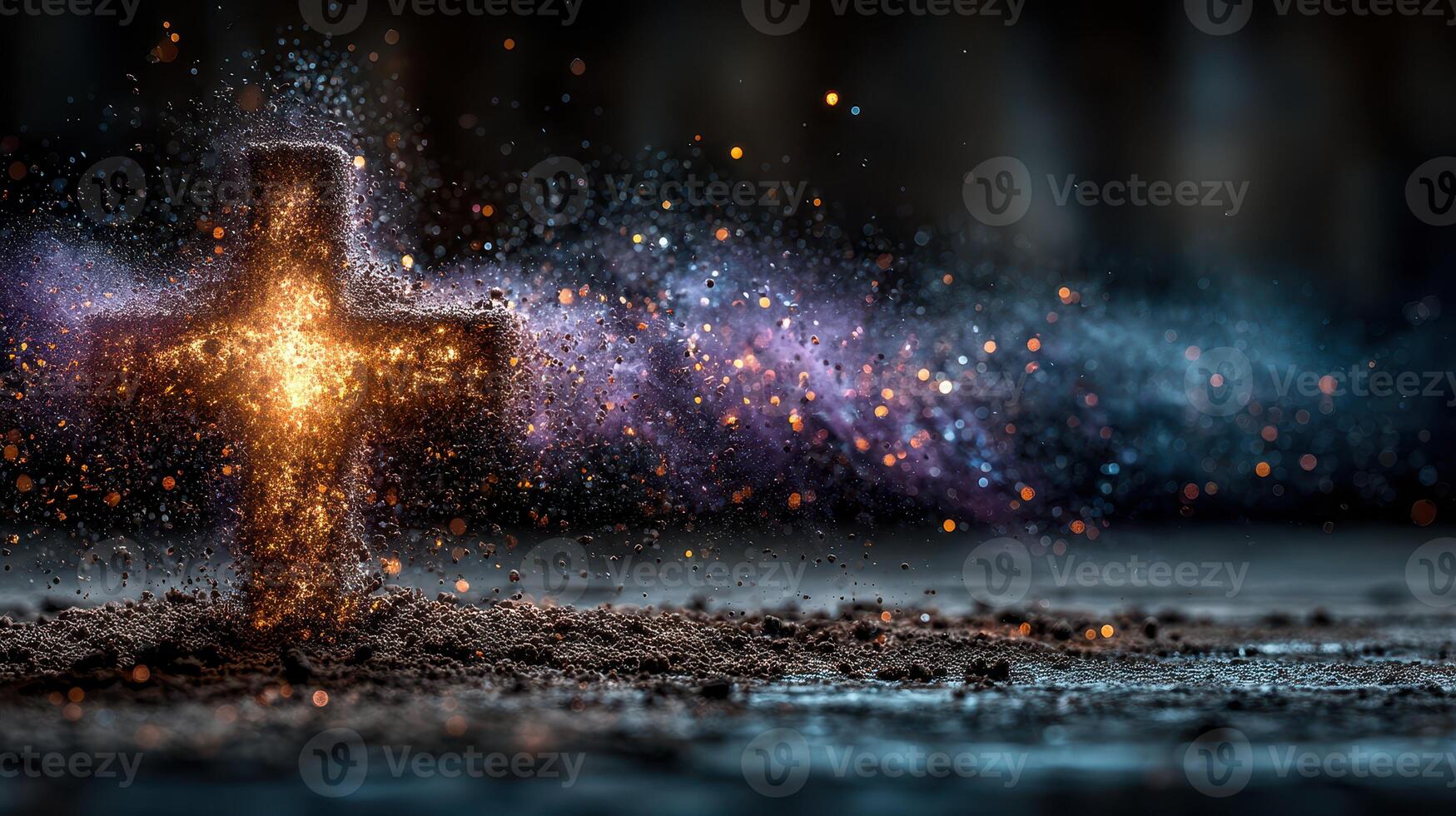 Cross surrounded by glowing particles in a dark environment with a mystical aura photo