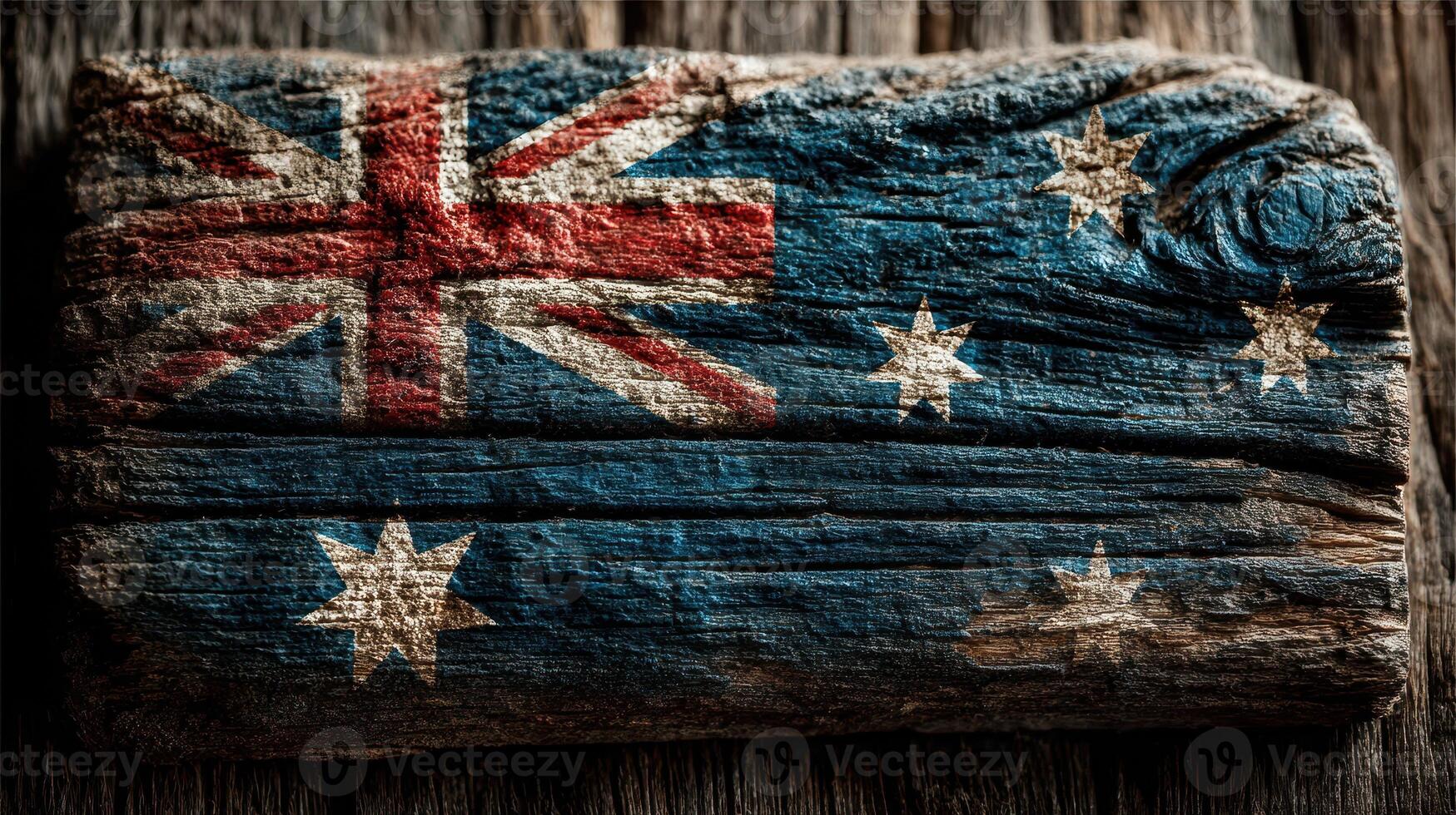 Weathered wooden plank featuring Australian flag design with vibrant colors and rustic texture photo