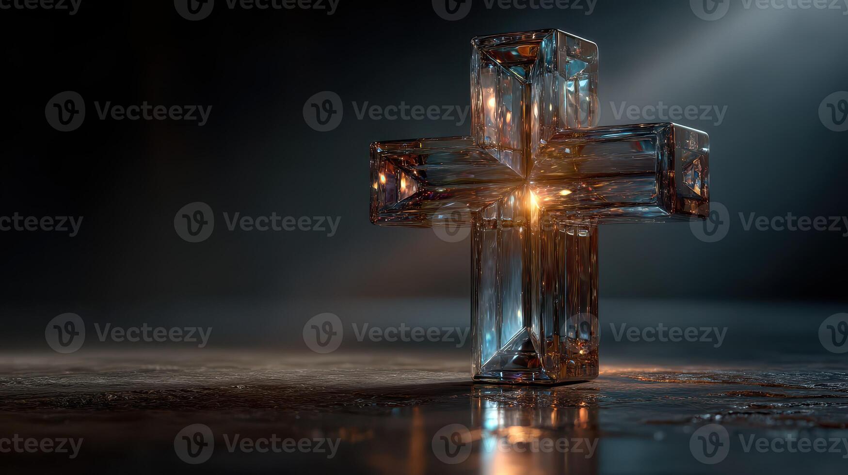 Glass cross illuminated on a dark surface creating a serene and reflective atmosphere photo
