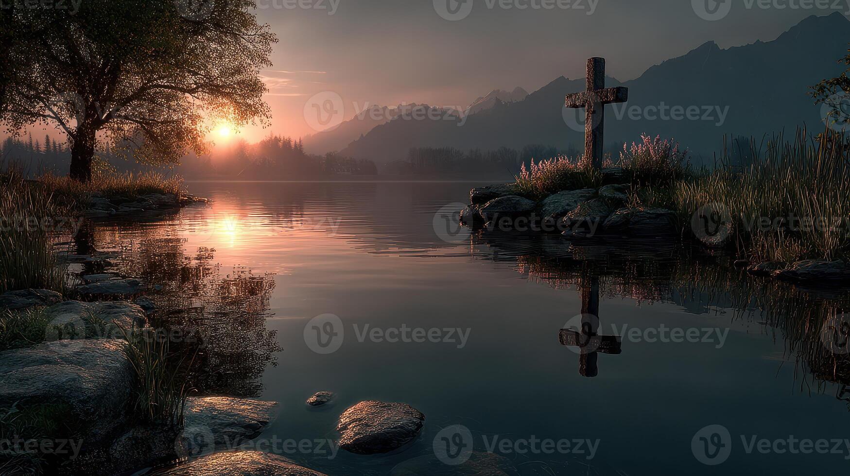 Sunrise over tranquil lake with cross and mountain backdrop reflecting in the water photo