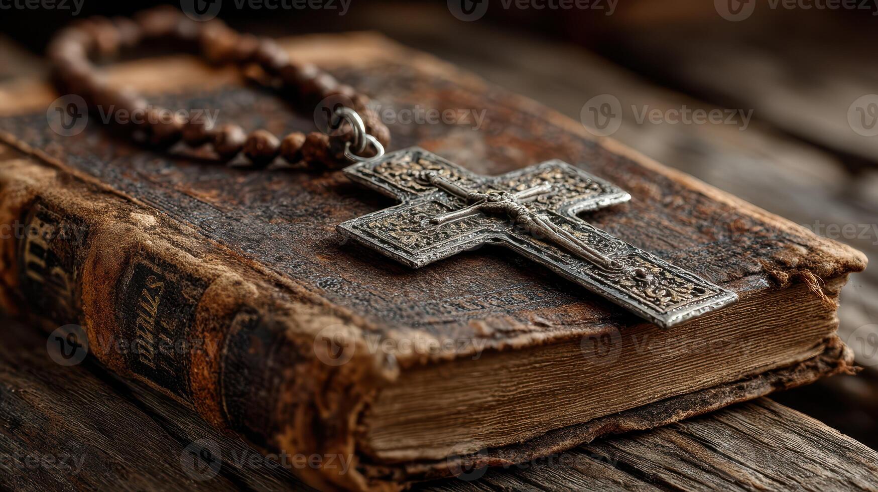 Antique book with a silver cross resting on a weathered wooden surface during a serene afternoon photo