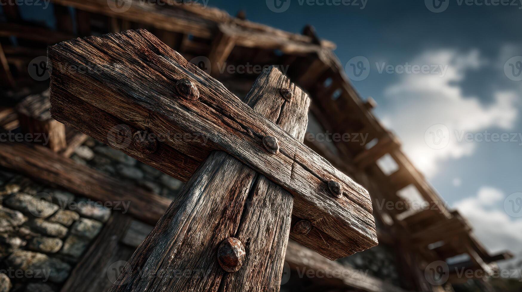 Old wooden cross stands prominently in front of a rustic stone building under a bright sky photo