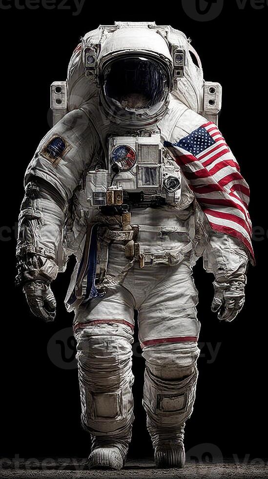 Astronaut in spacesuit standing with American flag during space mission photo