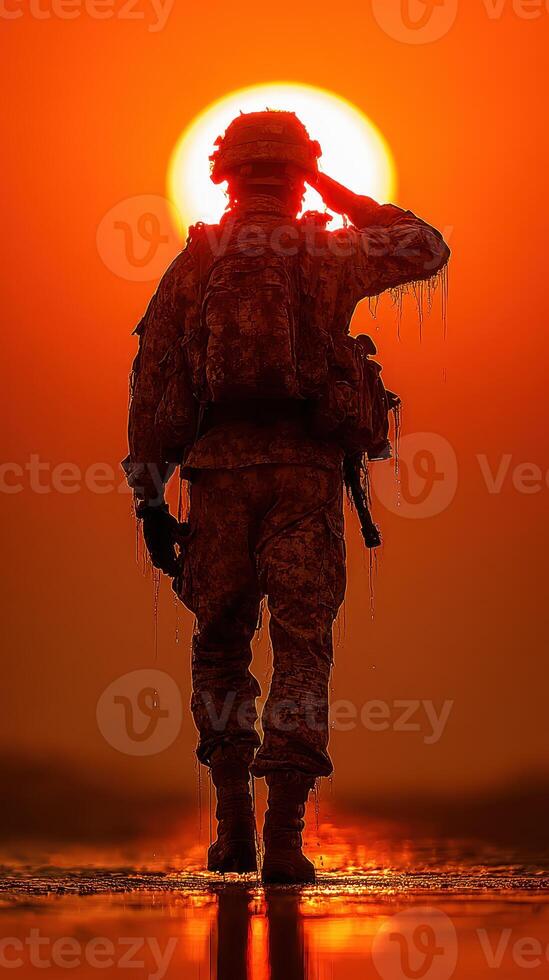 Soldier saluting against a dramatic sunset in a moment of reflection and respect photo