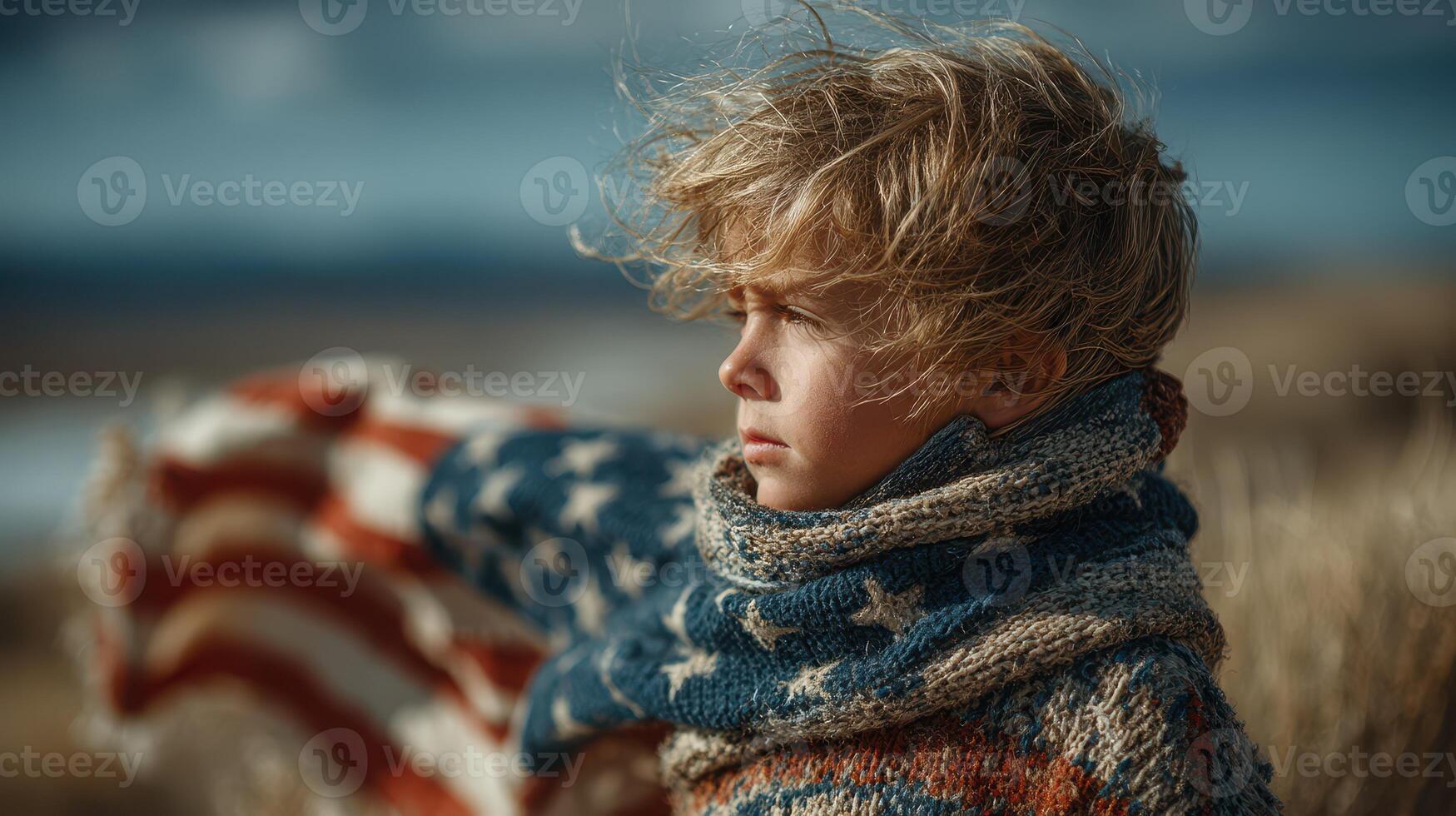 Child wrapped in an American flag scarf stands against a dramatic sky on a windy day by the coast photo