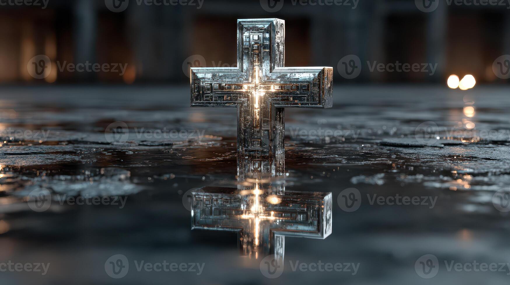 Metal cross resting on reflective surface in a dimly lit industrial space photo