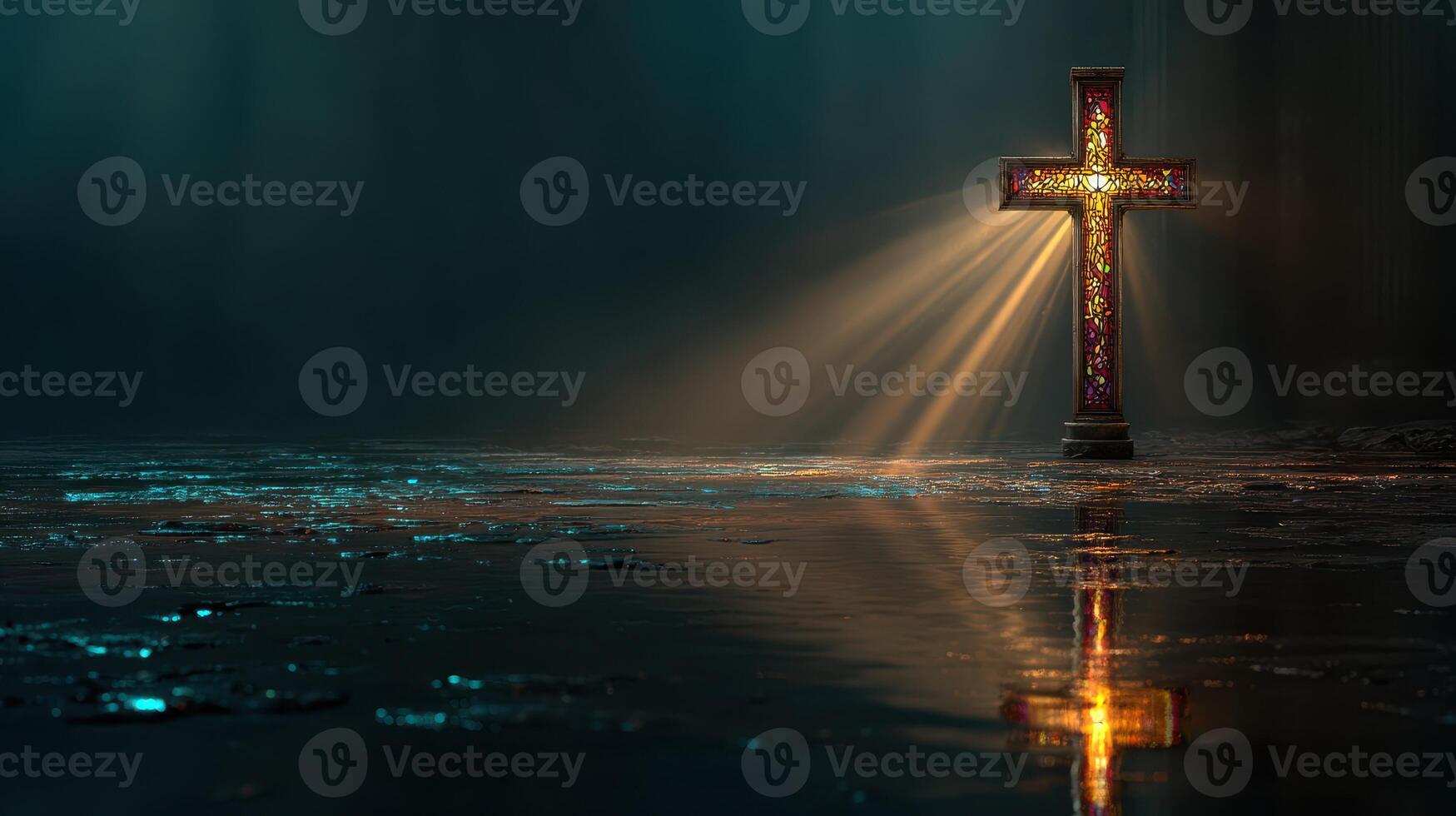 Glimmering cross illuminated by rays of light in a mysterious dark setting photo