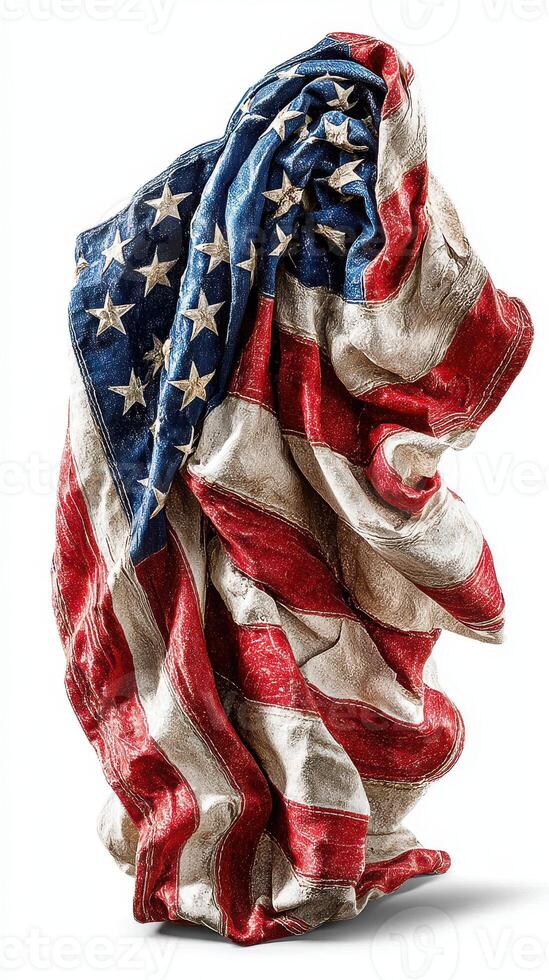 American flag draped art piece showcasing texture and folds in a symbolic representation of patriotism photo
