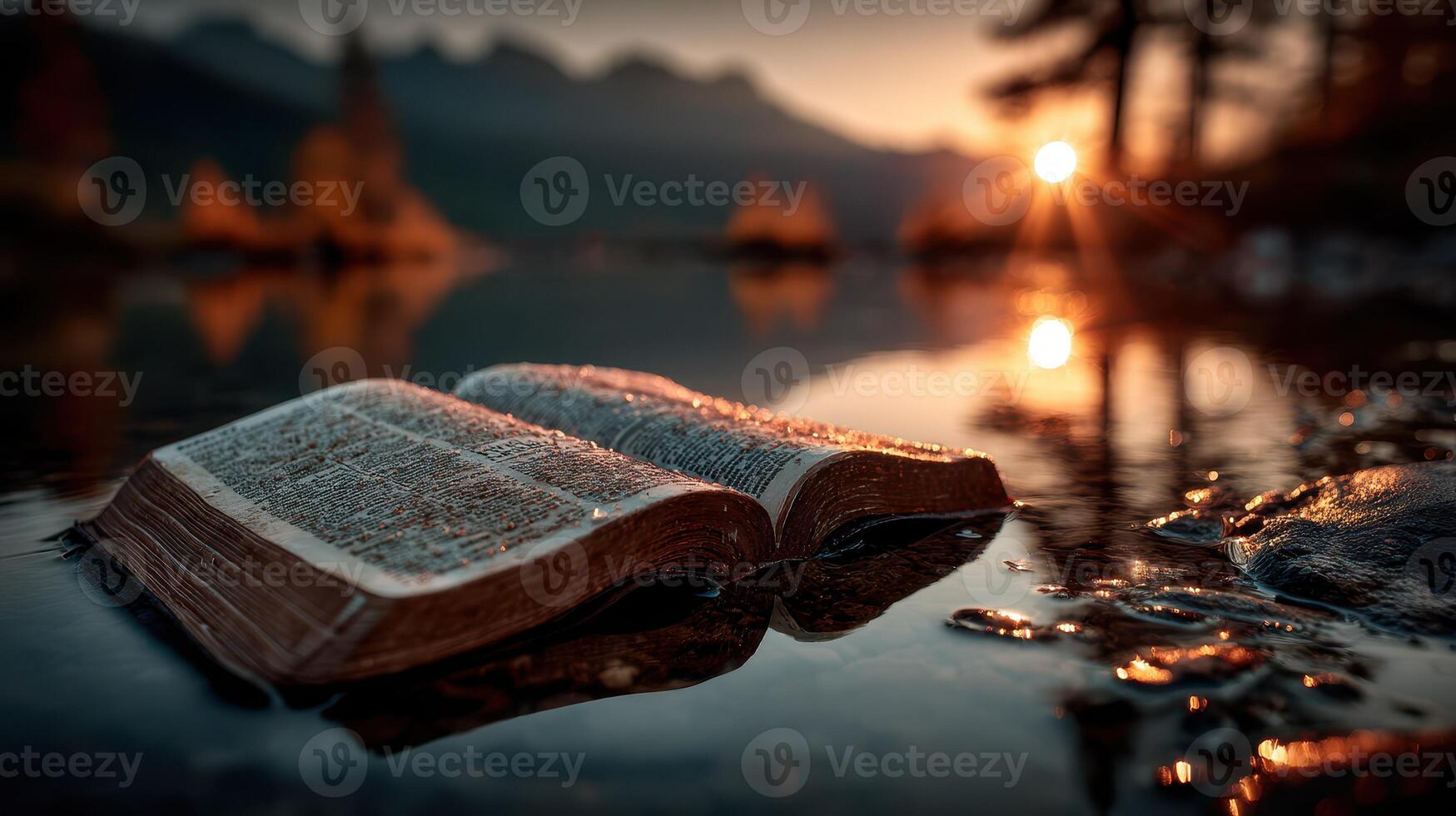Book resting on wet stones at sunrise near calm water surrounded by mountains photo