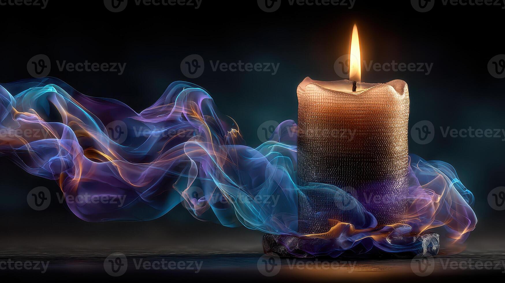 Soft candle light illuminates swirling colorful smoke on a dark background creating a serene atmosphere for relaxation and contemplation photo