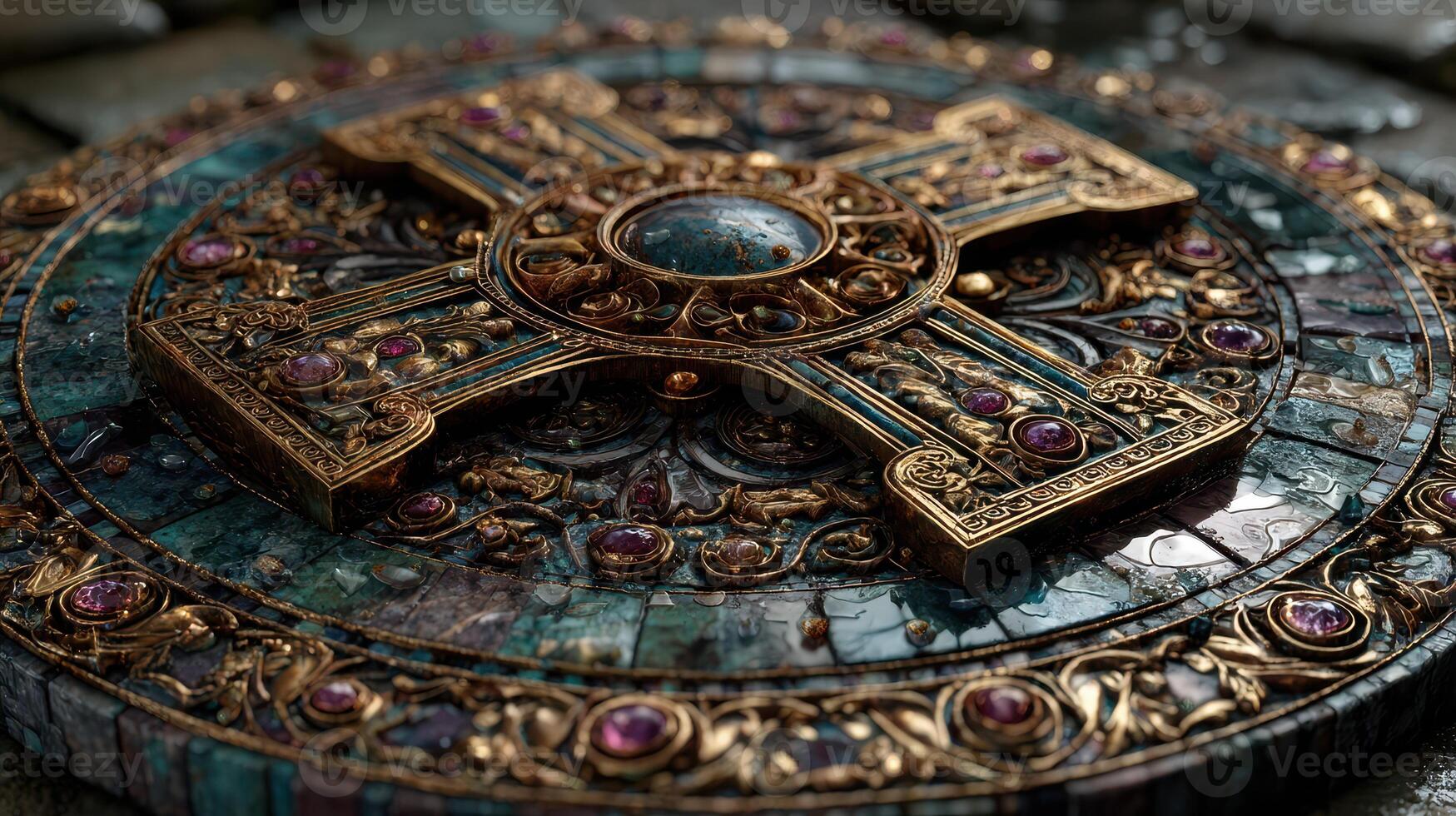 Intricate ornate cross design with gemstones and metalwork highlighted by soft lighting in a historic setting photo