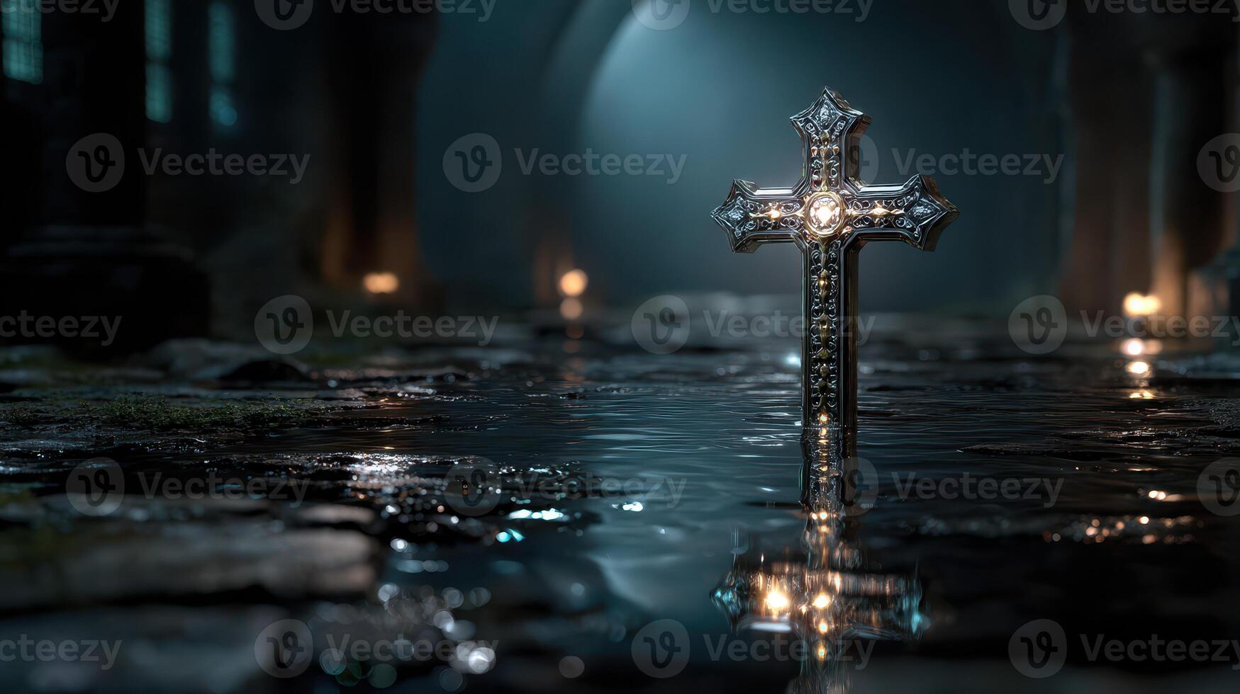 Shiny silver cross emerges from dark water in ancient cathedral at night amidst soft candlelight photo
