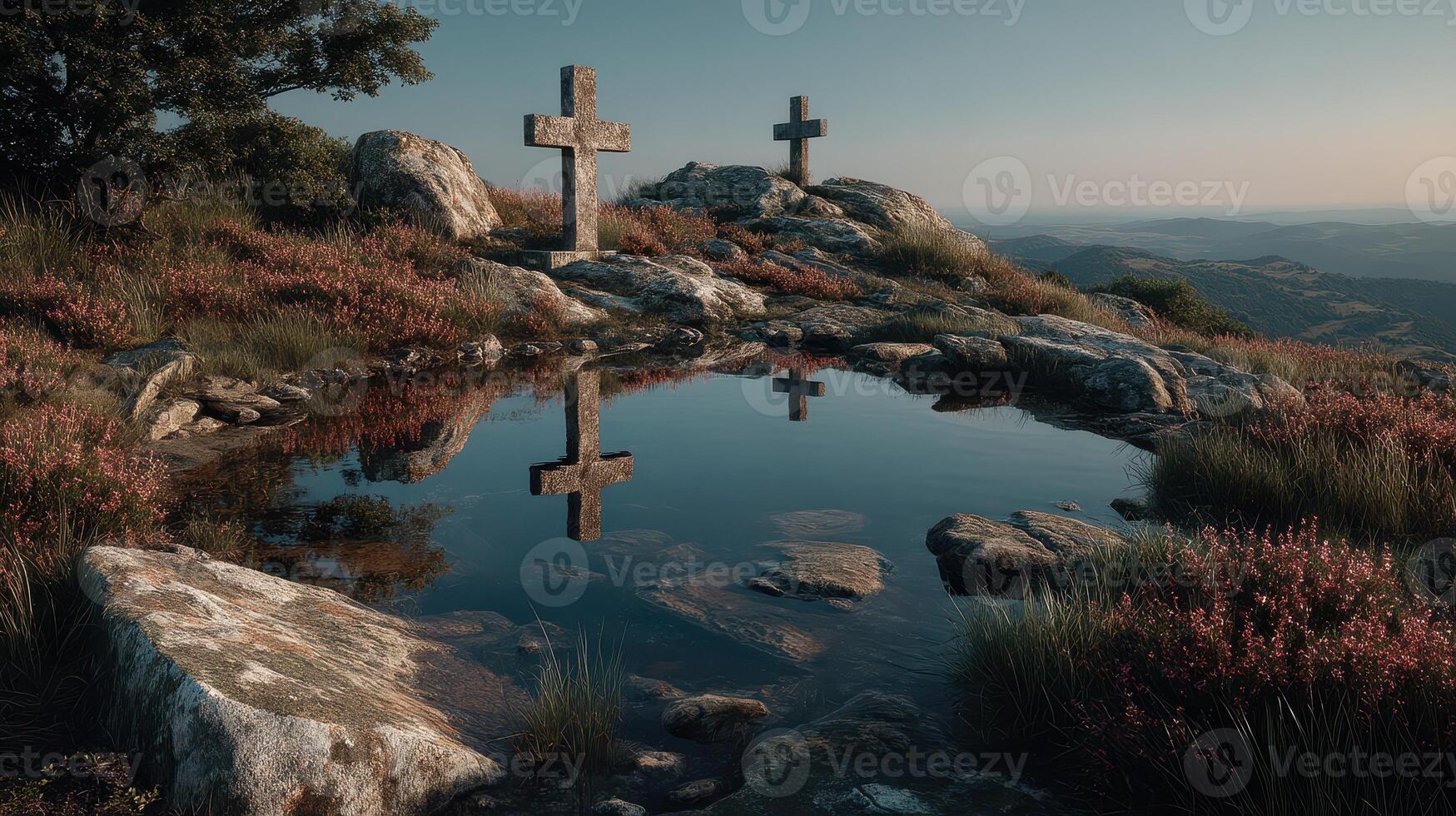 Sunset view of stone crosses by a serene pond surrounded by mountains and wildflowers in peaceful nature photo