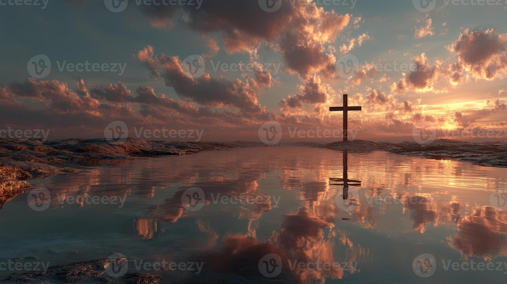 Sunset reflection with a cross over water in a serene landscape photo