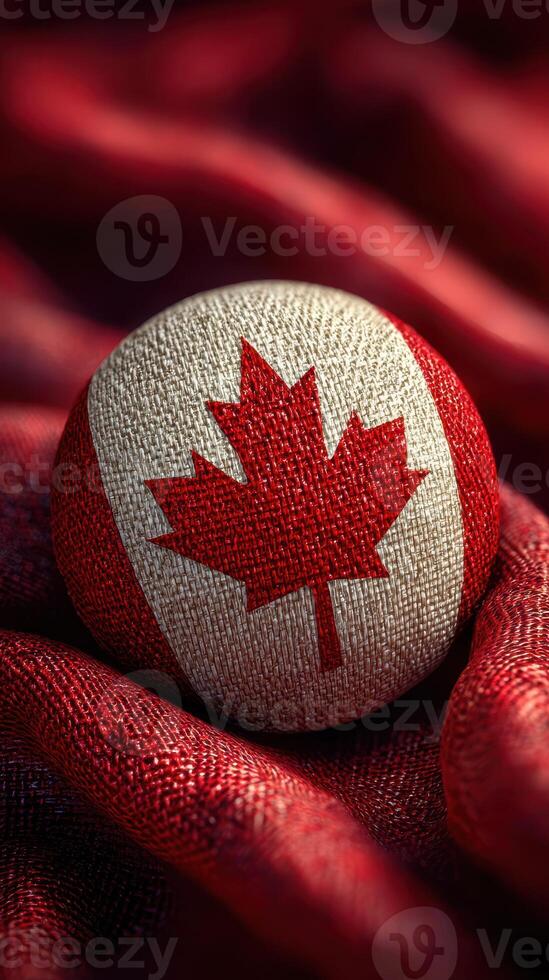 Canadian flag-inspired ball resting on textured red fabric in a cozy setting perfect for celebrations photo