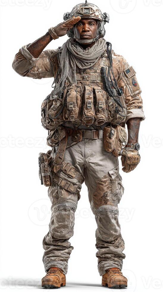 Military soldier saluting in tactical gear during training exercise in a desert environment at midday photo
