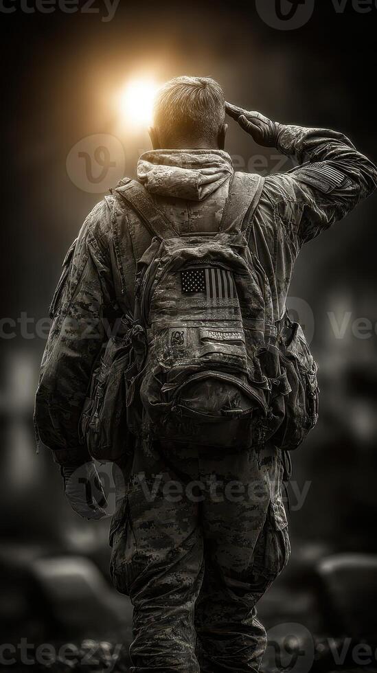 Soldier saluting at sunrise in a solemn tribute to fallen comrades during a memorial ceremony photo