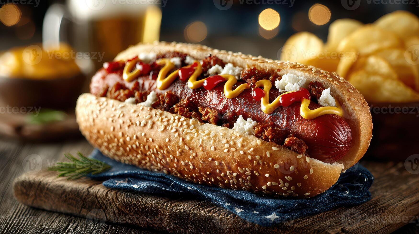 Delicious hot dog topped with chili and mustard served with chips during a cozy gathering at night photo