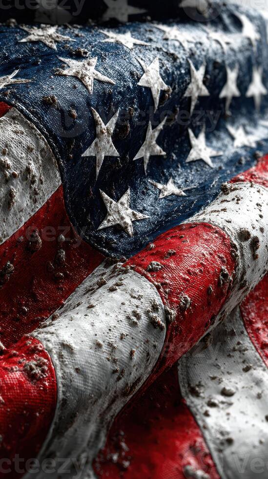 Worn and weathered American flag with intricate details of fabric and color against a dark background photo