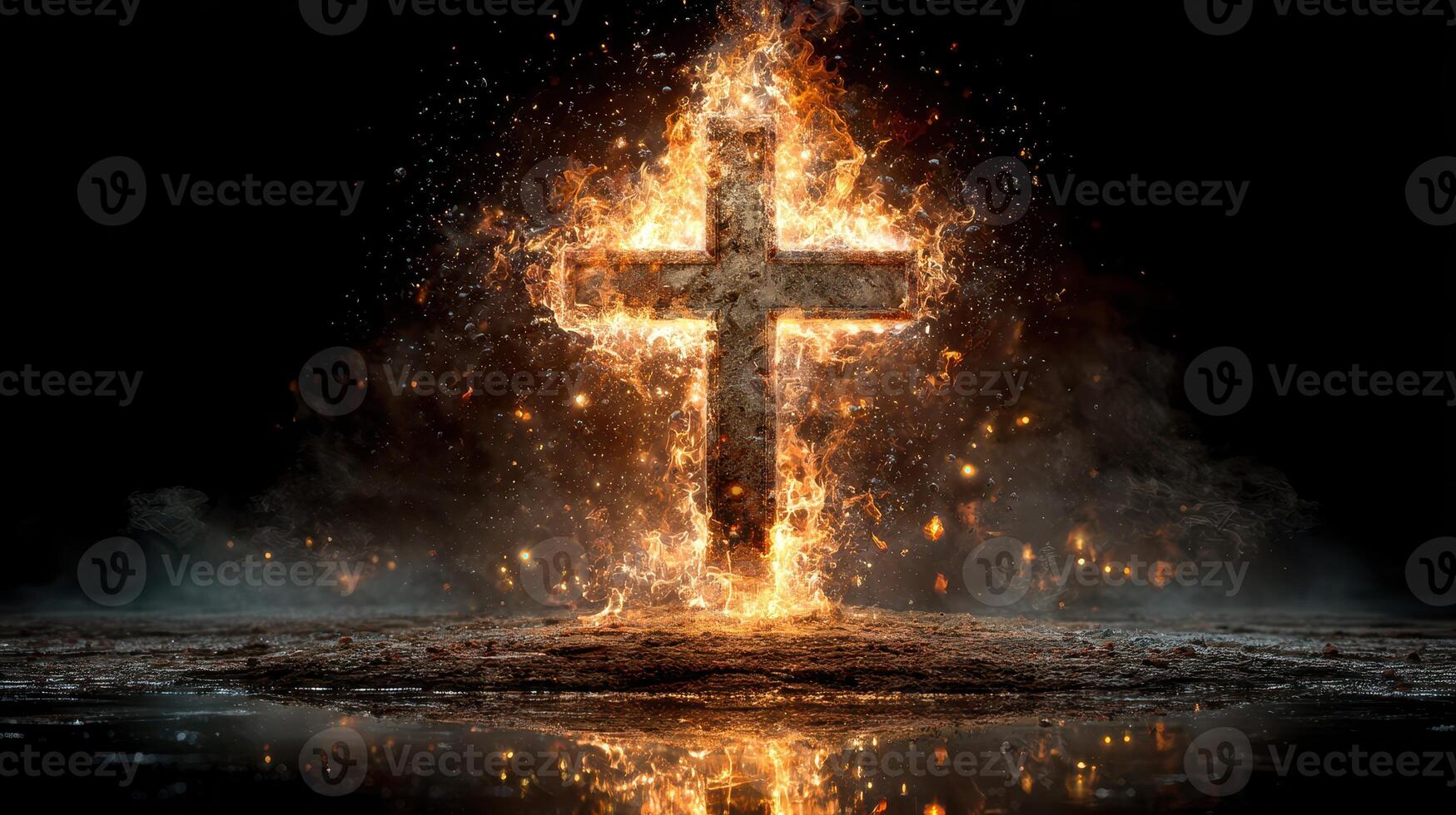 Fiery cross illuminating darkness in an artistic representation of faith and spirituality photo