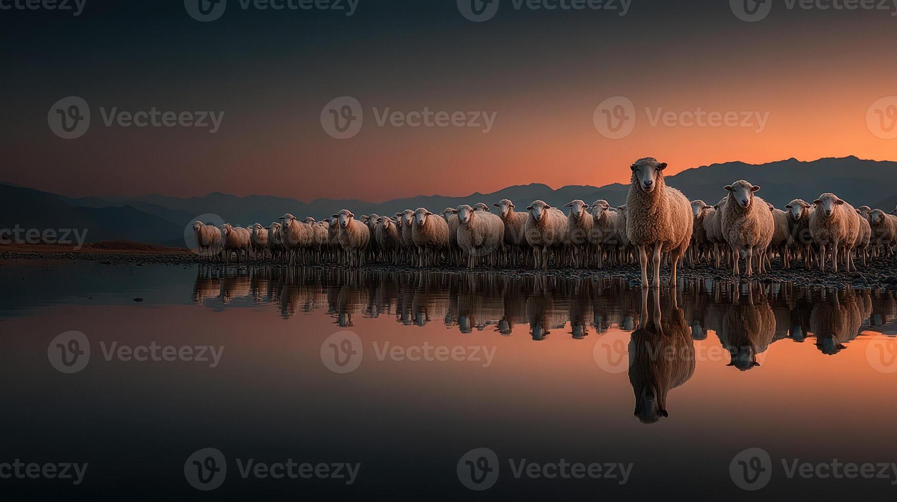 Herd of sheep standing by a calm lake at sunset with stunning mountain backdrop photo