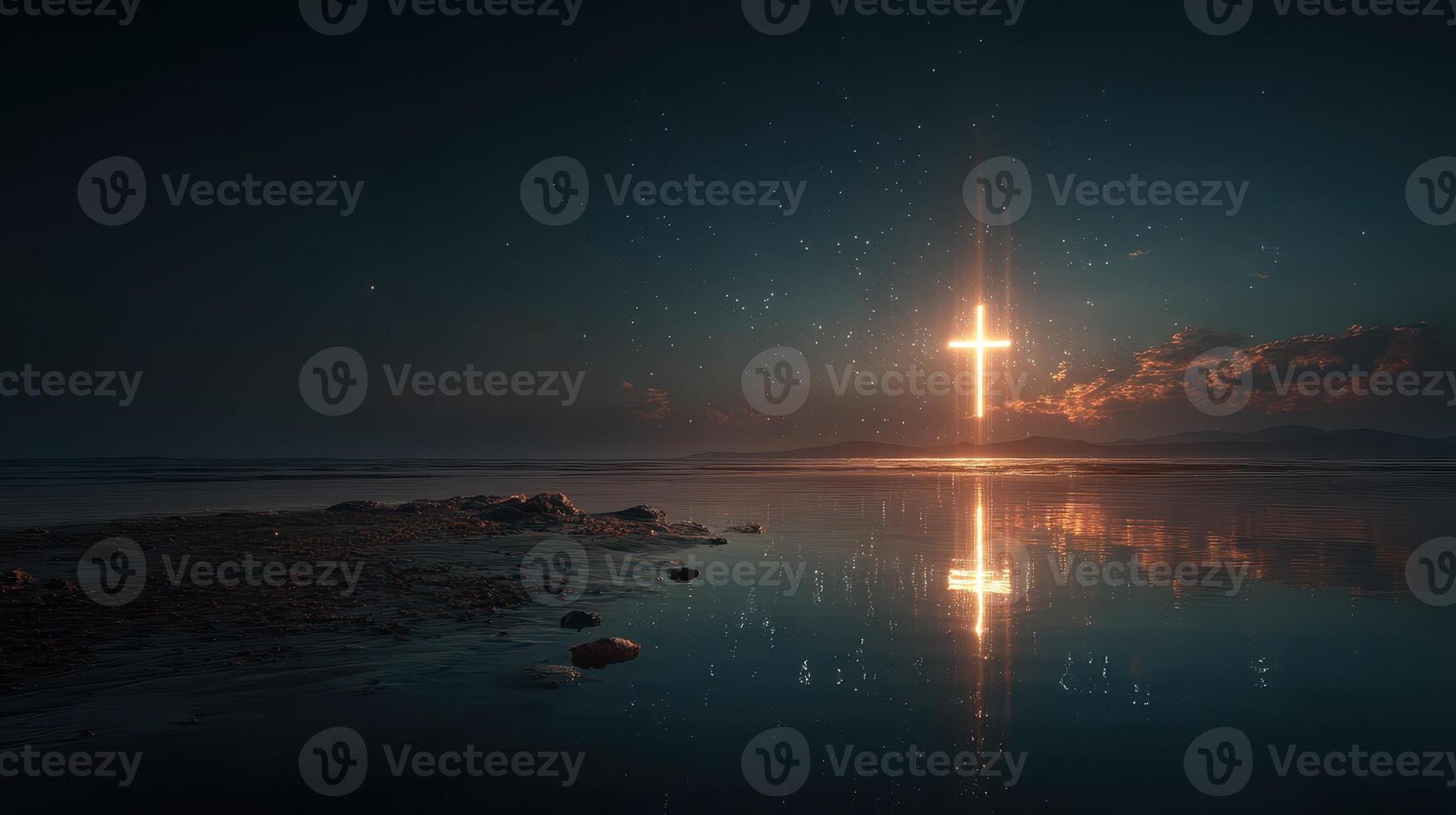 Illuminated cross shining over calm water during twilight at a serene coastal location photo