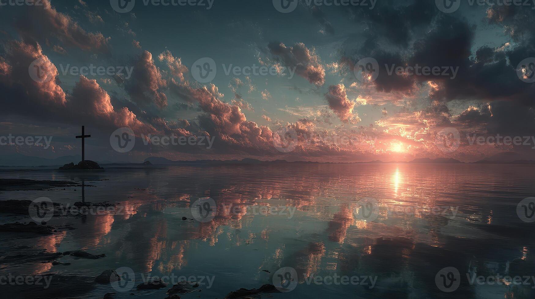 Sunset over calm waters with clouds reflecting near a cross on a rocky island photo