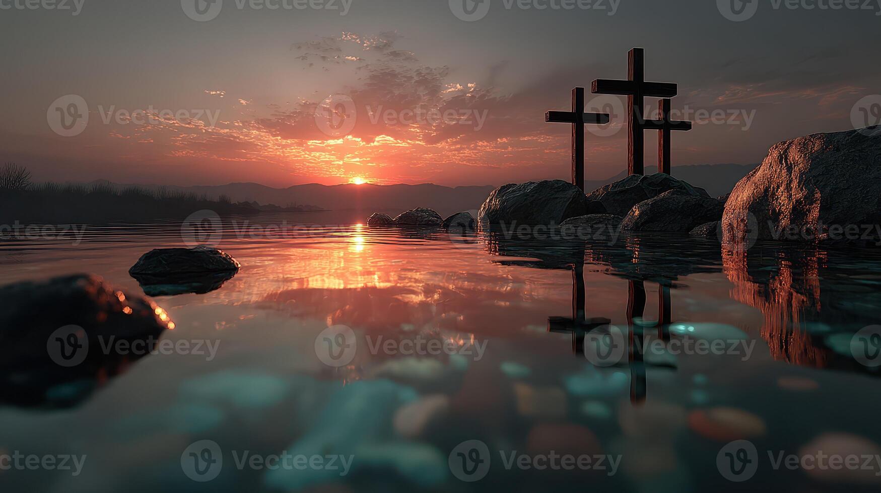 Sunset over serene water with three crosses reflecting on the surface near rocky shores photo