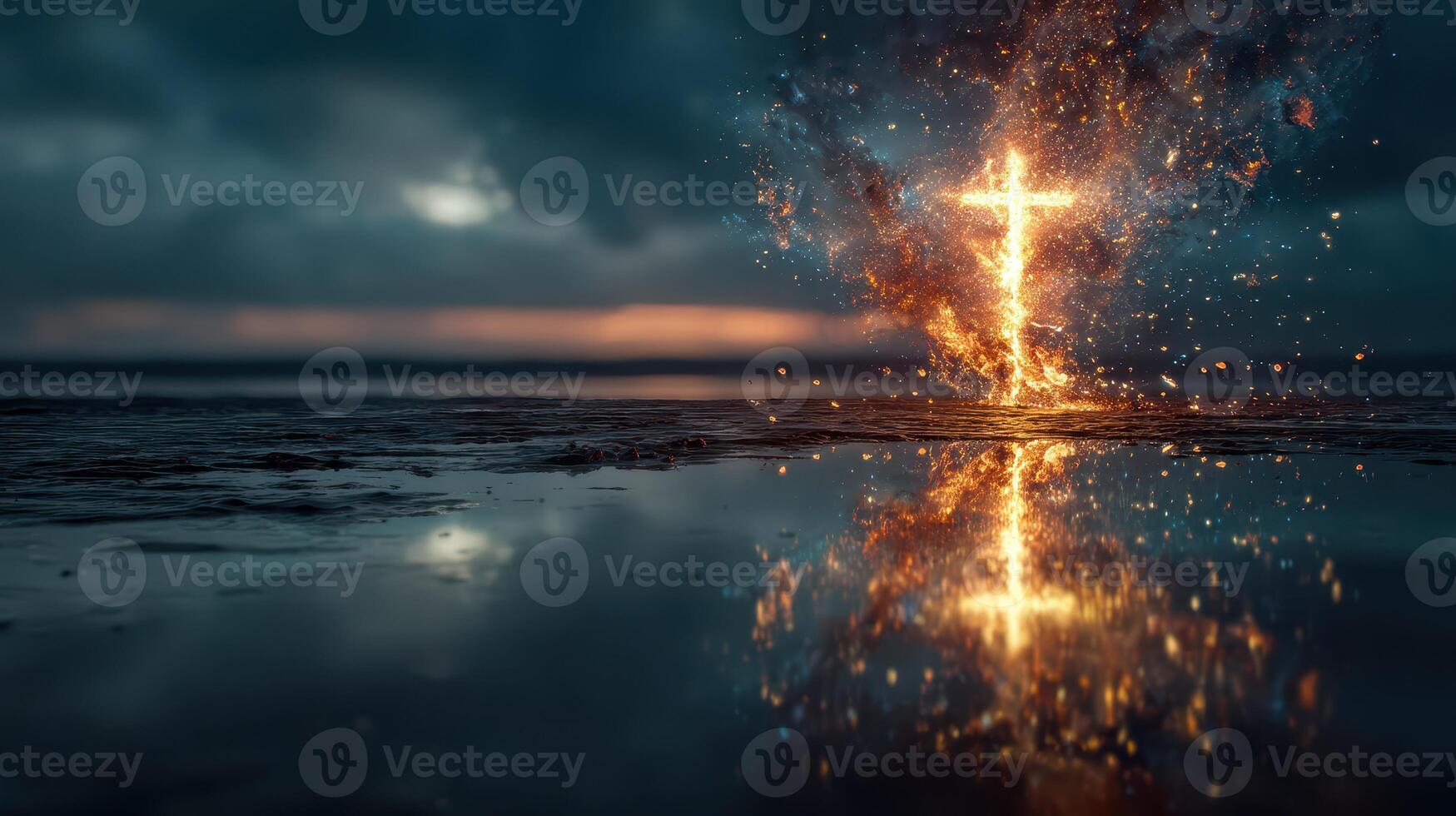 Glowing cross reflection during twilight over a calm water surface in a serene landscape photo