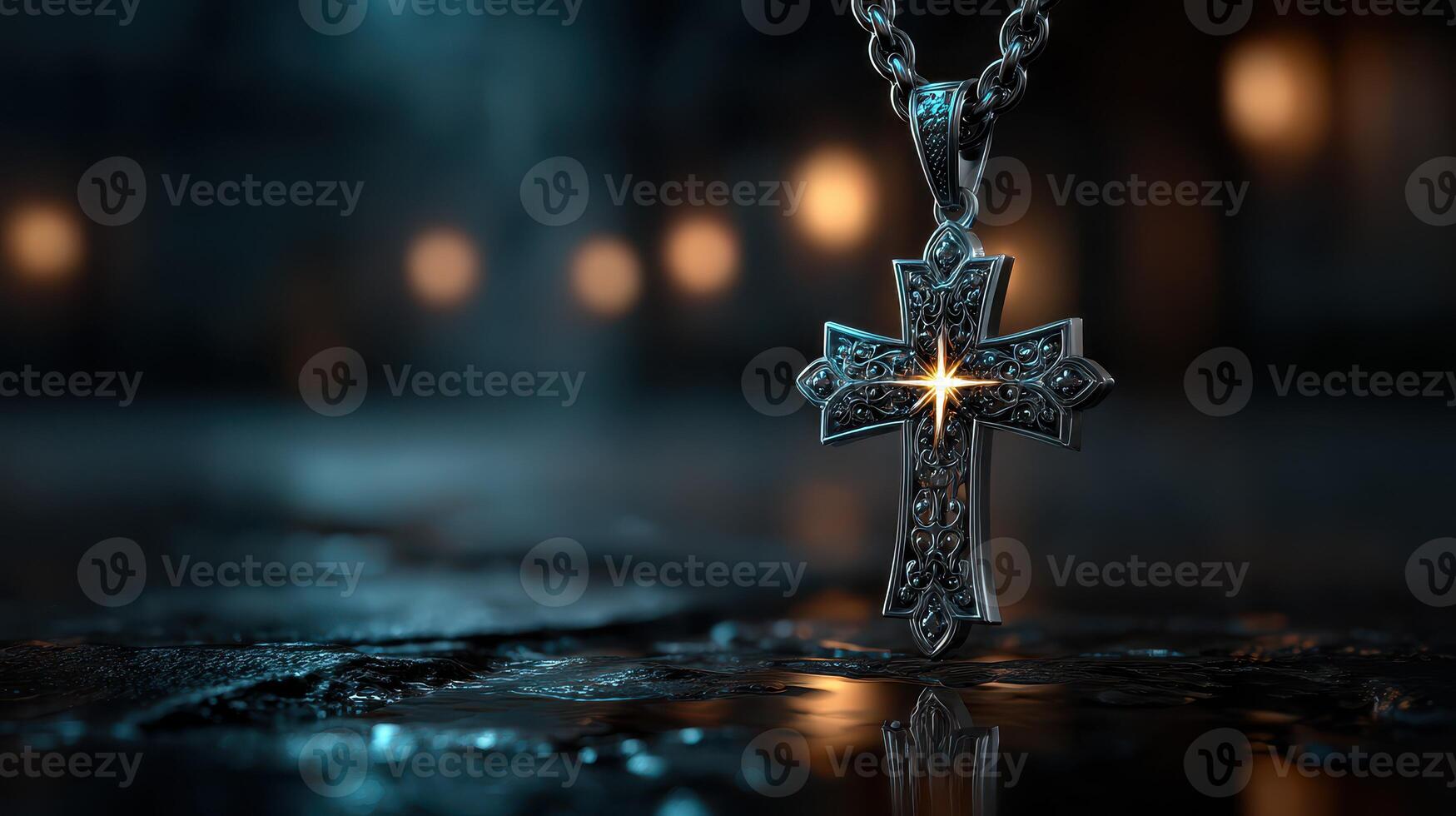 Silver cross pendant glimmers in dim light with intricate designs and a shining center in an atmospheric setting at night photo