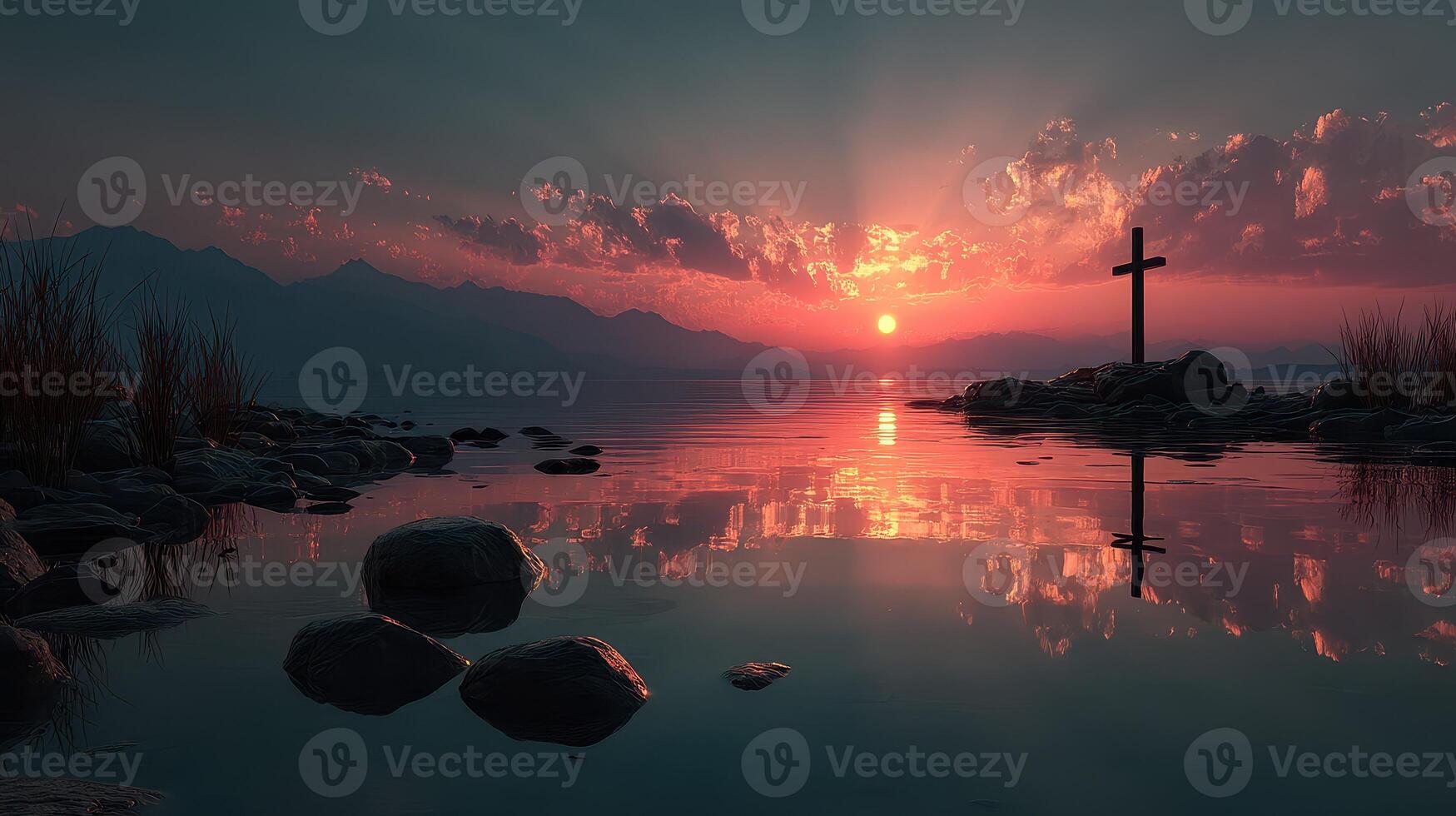 Sunset over a tranquil lake reflecting a cross on the shore beside distant mountains and wispy clouds photo
