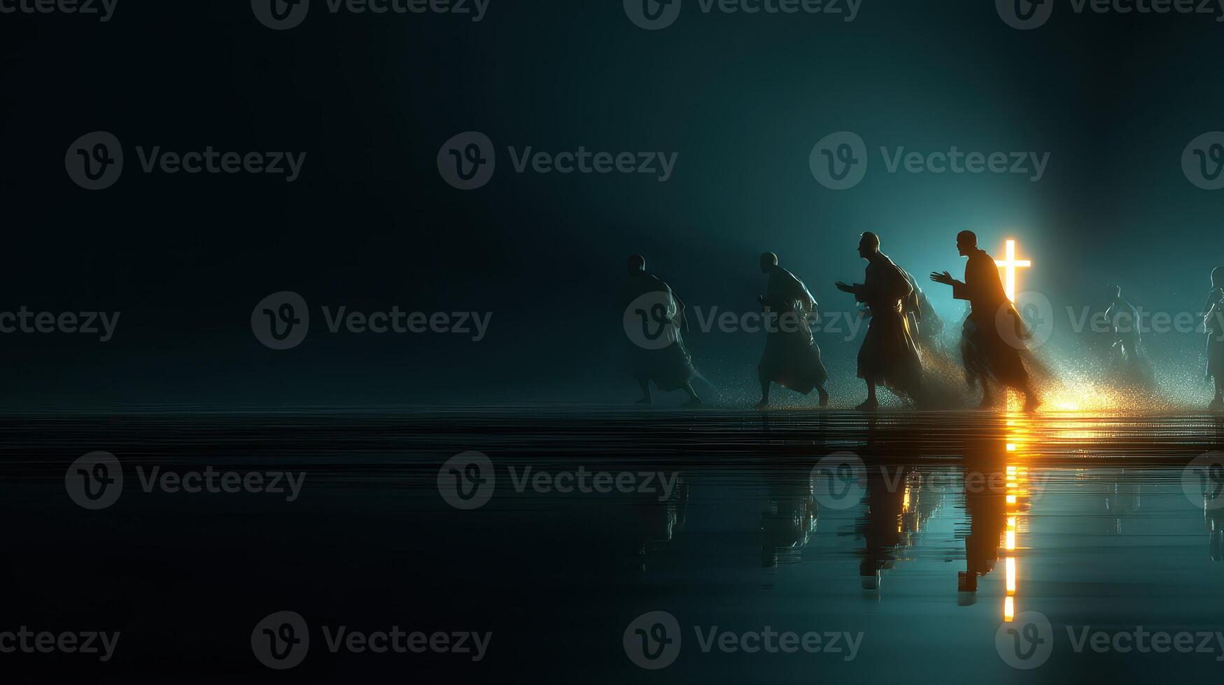Figures running towards a glowing cross on a dark reflective surface at dusk photo