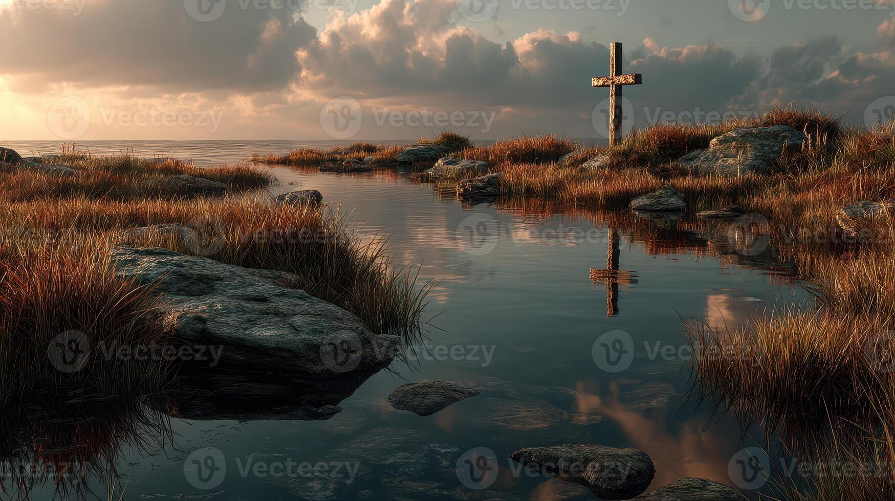 Reflection of a cross at sunset over calm waters surrounded by tall grass and rocks photo