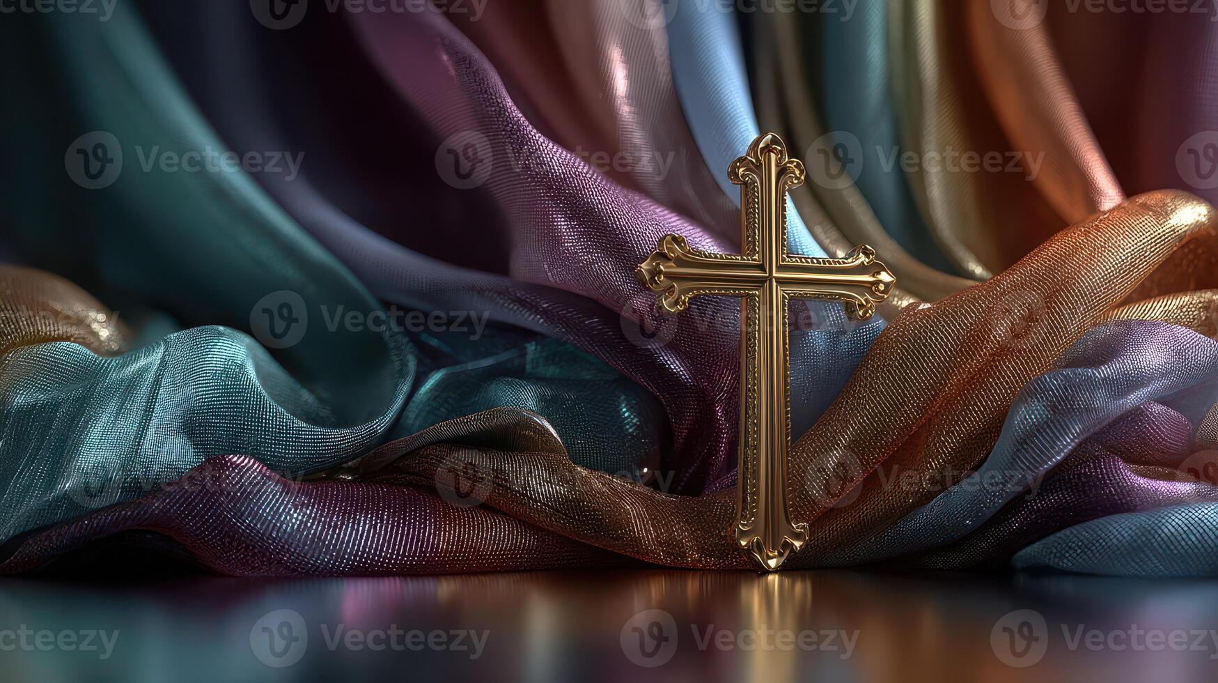 Golden cross resting on elegant fabric in soft lighting showcasing serene spirituality photo