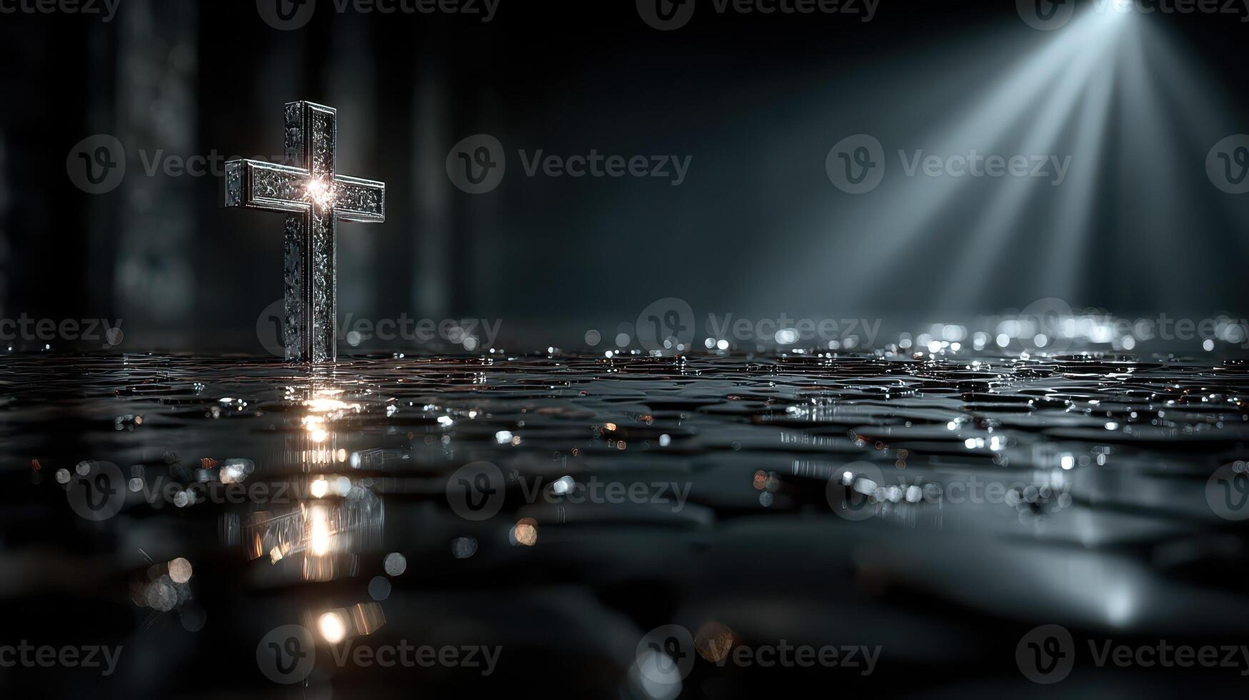Cross illuminated in a dark environment with raindrops reflecting light in a serene atmosphere photo