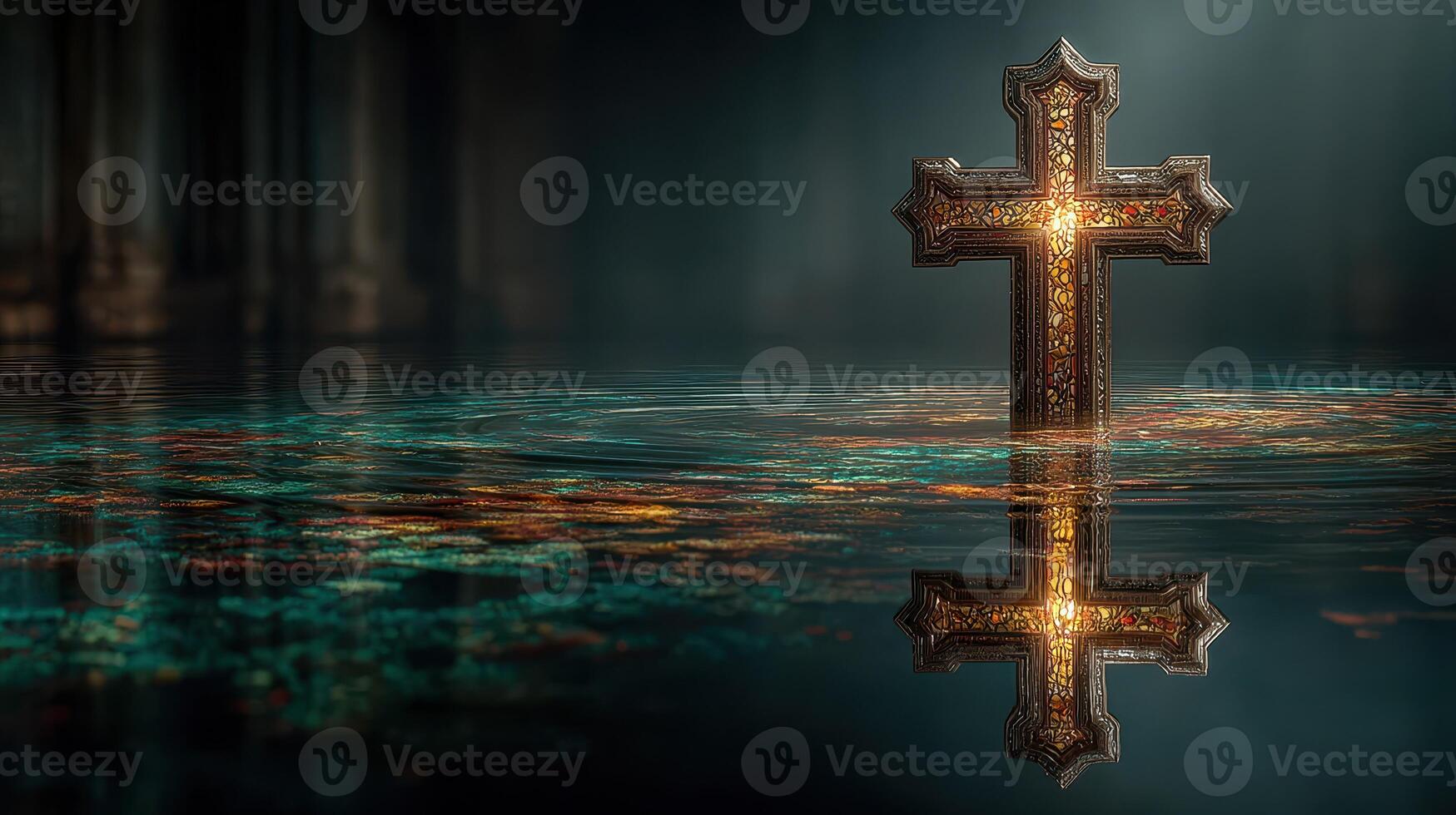 Illuminated cross rises from tranquil waters in a dimly lit sacred environment at dusk photo
