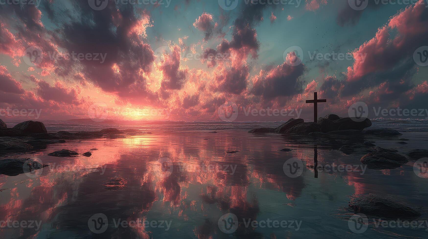 Sunset reflection at a serene coast with a cross standing beside the tranquil water photo