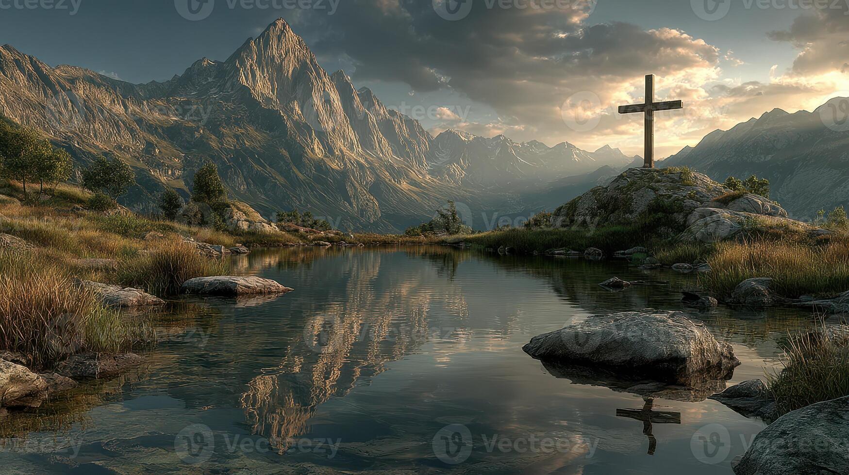 Mountain landscape with reflective lake and cross at sunrise in a serene natural setting photo
