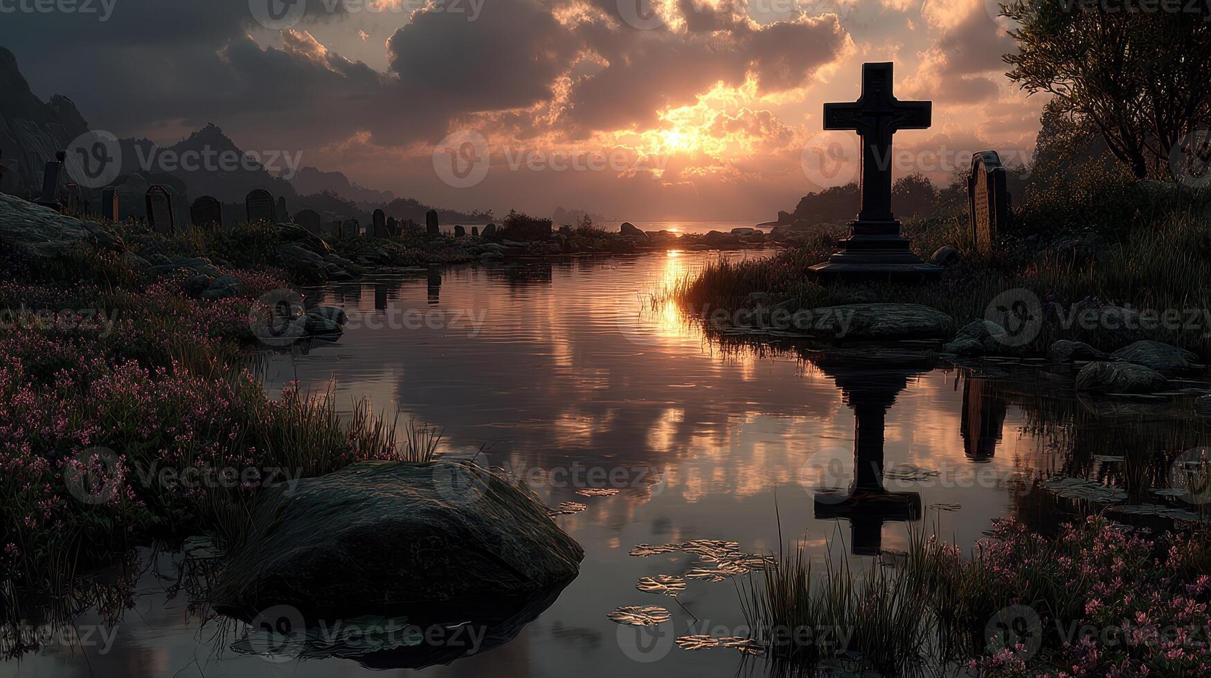 Serene sunset reflecting on a tranquil river by a cemetery with a stone cross in a quiet landscape photo
