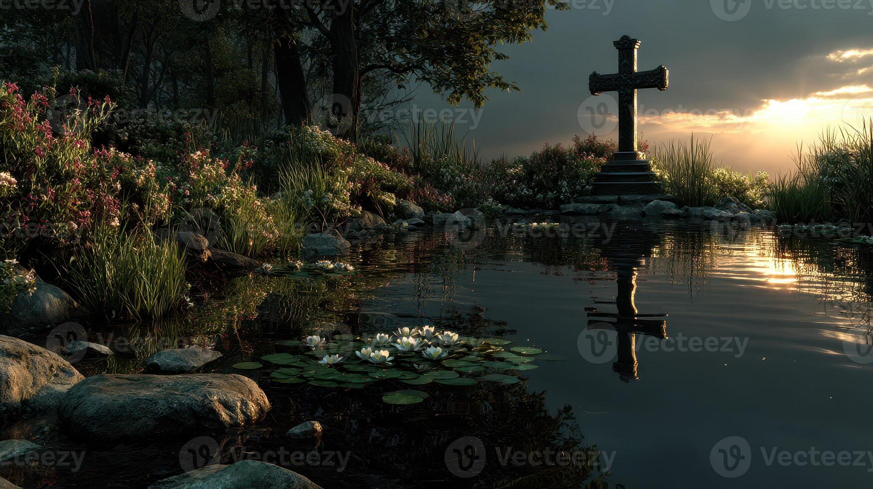 Reflection of a cross at a serene pond surrounded by blooming flowers during golden hour photo